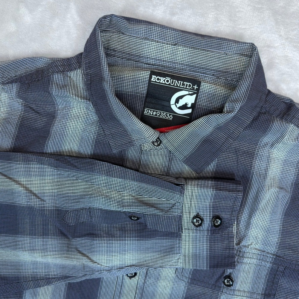 Ecko Unltd Plus Shirt Mens Large Navy Plaid Long Sleeve Cotton Streetwear Y2K